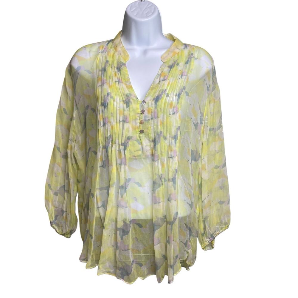 Vintage CASUAL STUDIO Women's Yellow Floral Sheer Blouse Size M Oversized‎ Boho